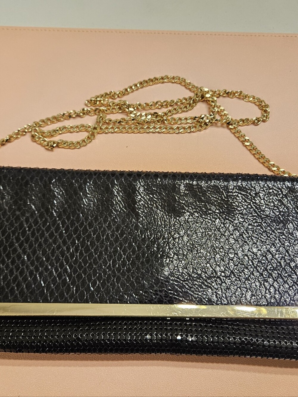 Bcbg Elegant Black Snake-Texture Chain Clutch - Gold Accent